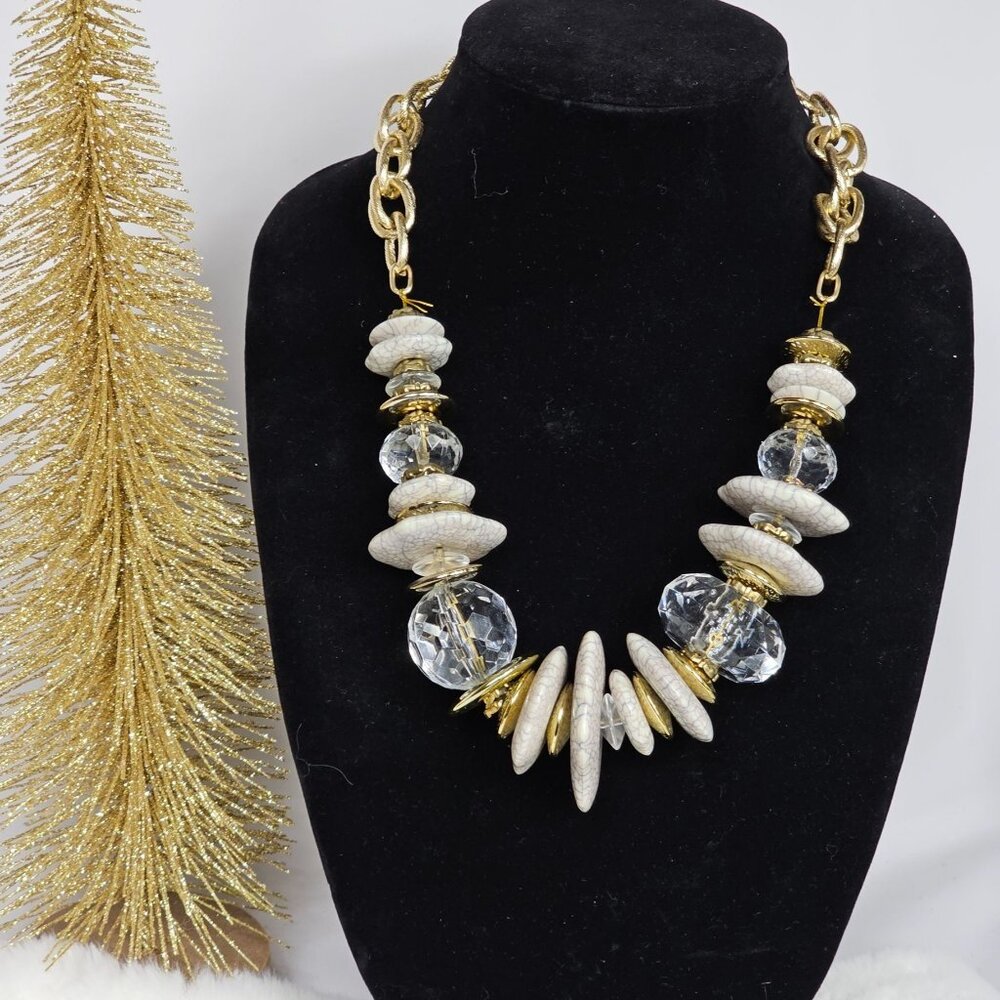 Chunky Statement Gold Tone White/Gray Bead Chain Chic Fashion Jewelry Necklace